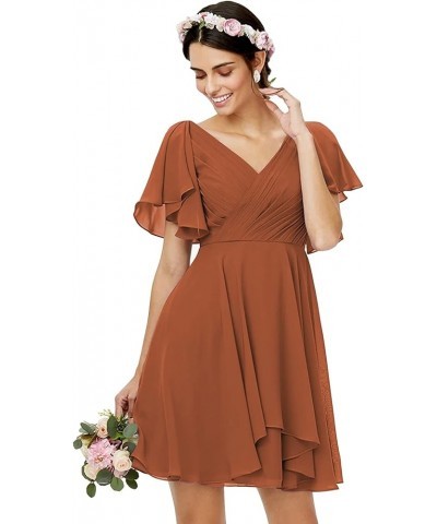 V Neck Short Bridesmaid Dresses with Ruffle Sleeves Chiffon A Line Formal Evening Gowns Burnt Orange $25.99 Dresses