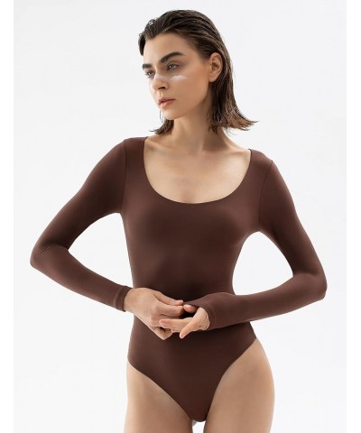 Women's Scoop Neck Long Sleeve Bodysuit Body-hugging Sexy Tops Smoke Cloud Collection 05 Tiramisu $20.05 Bodysuits