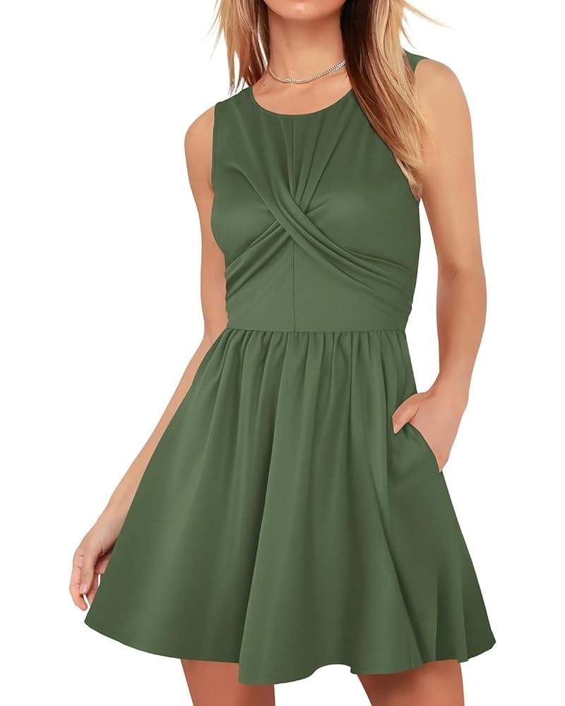 Women Casual Summer Tank Dress Round Neck Sleeveless Twist Front Swing Short Sundress with Pockets Army Green $13.20 Dresses