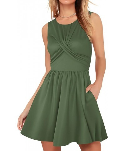 Women Casual Summer Tank Dress Round Neck Sleeveless Twist Front Swing Short Sundress with Pockets Army Green $13.20 Dresses