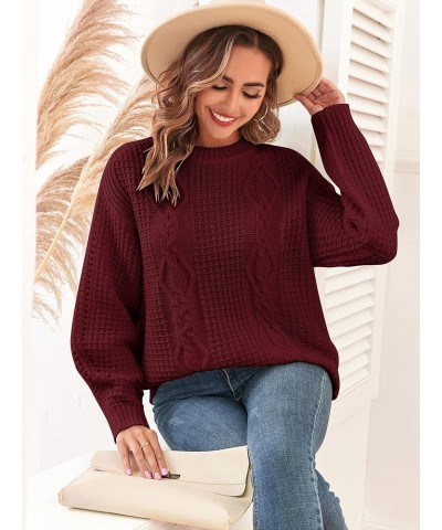 2023 Women's Winter Sweater Crewneck Oversized Cable Knit Sweater Lantern Sleeve Loose Chunky Knitted Pullover Top 0-wine Red...