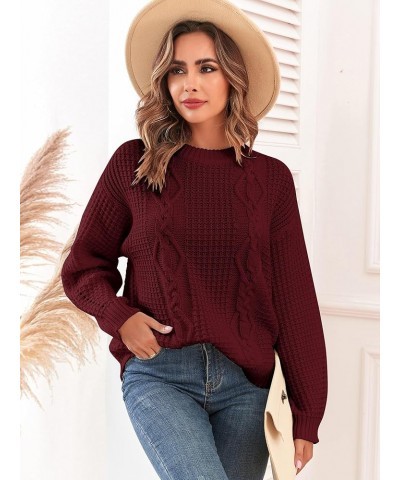 2023 Women's Winter Sweater Crewneck Oversized Cable Knit Sweater Lantern Sleeve Loose Chunky Knitted Pullover Top 0-wine Red...