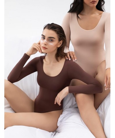 Women's Scoop Neck Long Sleeve Bodysuit Body-hugging Sexy Tops Smoke Cloud Collection 05 Tiramisu $20.05 Bodysuits