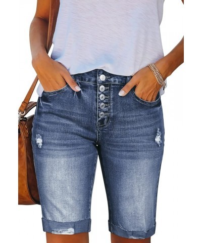 Women's Bermuda Shorts Denim Destroyed Raw Hem Long Jeans Shorts 04-dark Blue $16.81 Shorts