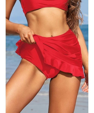 Women's Swimdress Swimsuit Built-in Swim Bottoms Shirred Ruffle Skirt Bikini Bottoms Rose Red $20.97 Swimsuits