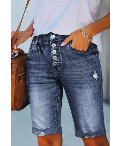 Women's Bermuda Shorts Denim Destroyed Raw Hem Long Jeans Shorts 04-dark Blue $16.81 Shorts