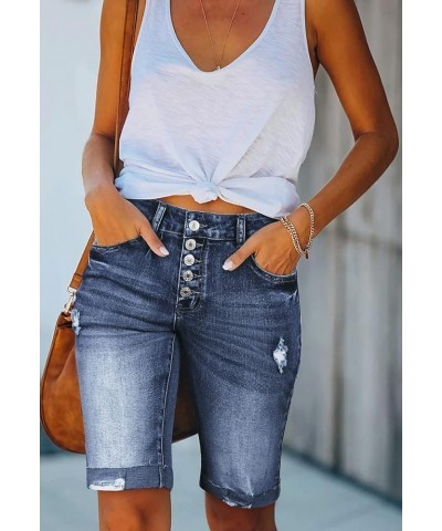 Women's Bermuda Shorts Denim Destroyed Raw Hem Long Jeans Shorts 04-dark Blue $16.81 Shorts