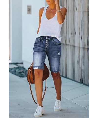 Women's Bermuda Shorts Denim Destroyed Raw Hem Long Jeans Shorts 04-dark Blue $16.81 Shorts