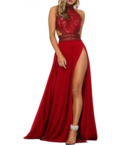 Women Sexy Deep V Neck Sleeveless Maxi Dress High Slit Embroidery Long Evening Dress Clubwear Lace - Red $29.57 Dresses