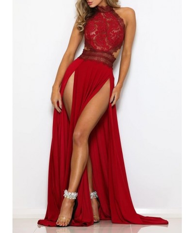 Women Sexy Deep V Neck Sleeveless Maxi Dress High Slit Embroidery Long Evening Dress Clubwear Lace - Red $29.57 Dresses