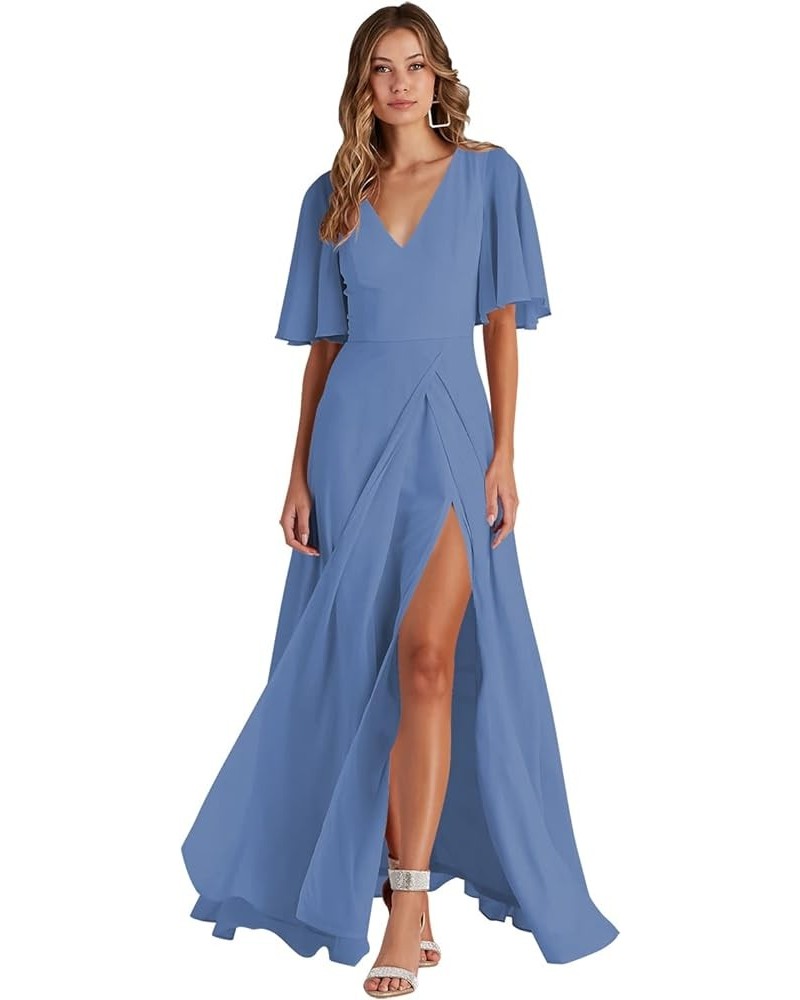 V Neck Bridesmaid Dresses with Slit 2023 Flutter Sleeves Chiffon Long Formal Dress with Pockets SYYS103 Steel $34.21 Dresses