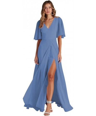 V Neck Bridesmaid Dresses with Slit 2023 Flutter Sleeves Chiffon Long Formal Dress with Pockets SYYS103 Steel $34.21 Dresses