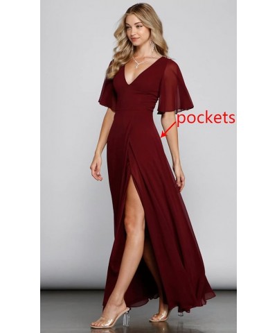 V Neck Bridesmaid Dresses with Slit 2023 Flutter Sleeves Chiffon Long Formal Dress with Pockets SYYS103 Steel $34.21 Dresses