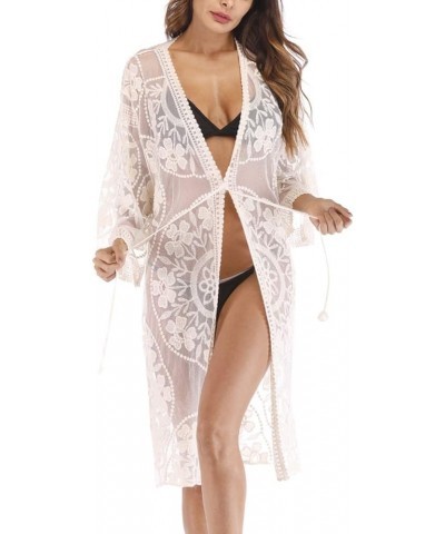 Women's Lace Cardigan Floral Crochet Sheer Beach Cover Ups Long Open Kimono Apricot3 $17.69 Swimsuits