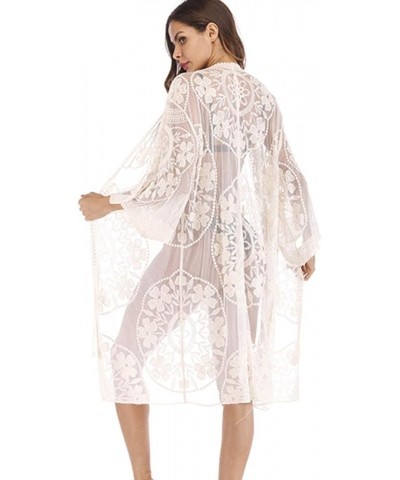 Women's Lace Cardigan Floral Crochet Sheer Beach Cover Ups Long Open Kimono Apricot3 $17.69 Swimsuits