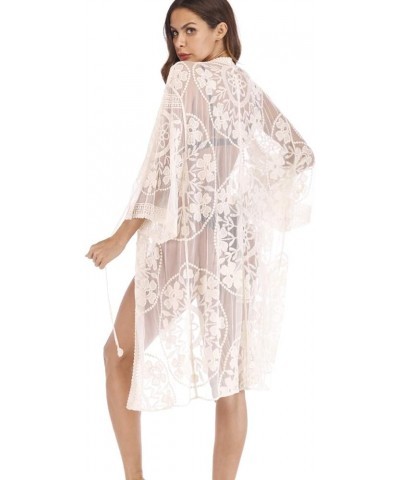 Women's Lace Cardigan Floral Crochet Sheer Beach Cover Ups Long Open Kimono Apricot3 $17.69 Swimsuits