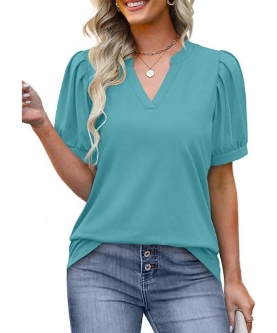 Summer Women's Pleated Puff Sleeve Tops Casual V Neck T Shirts Loose Blouses Dressy X-Large Baby Blue $14.81 Tops