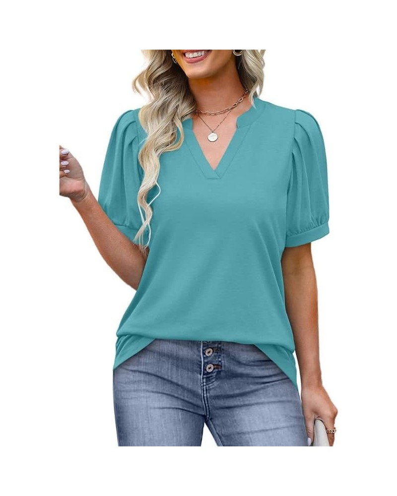 Summer Women's Pleated Puff Sleeve Tops Casual V Neck T Shirts Loose Blouses Dressy X-Large Baby Blue $14.81 Tops