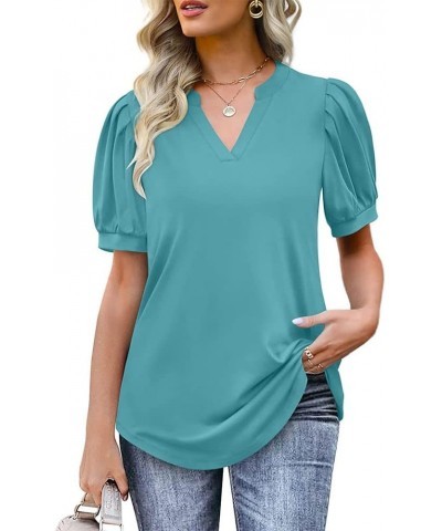 Summer Women's Pleated Puff Sleeve Tops Casual V Neck T Shirts Loose Blouses Dressy X-Large Baby Blue $14.81 Tops