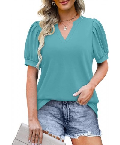 Summer Women's Pleated Puff Sleeve Tops Casual V Neck T Shirts Loose Blouses Dressy X-Large Baby Blue $14.81 Tops