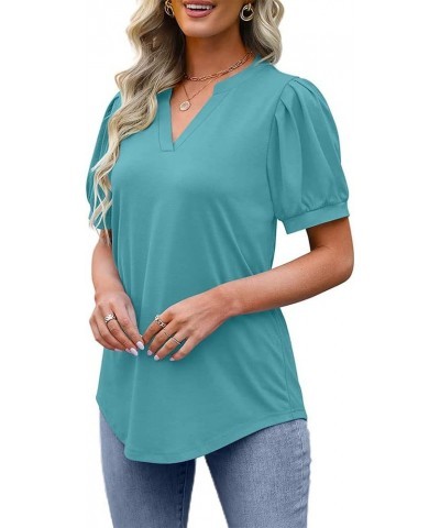 Summer Women's Pleated Puff Sleeve Tops Casual V Neck T Shirts Loose Blouses Dressy X-Large Baby Blue $14.81 Tops