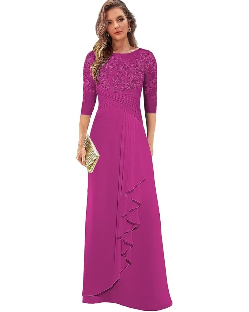 Lace Appliques Mother of The Bride Dresses for Wedding Chiffon Long Evening Formal Dress with Sleeves Hot Pink $37.50 Dresses