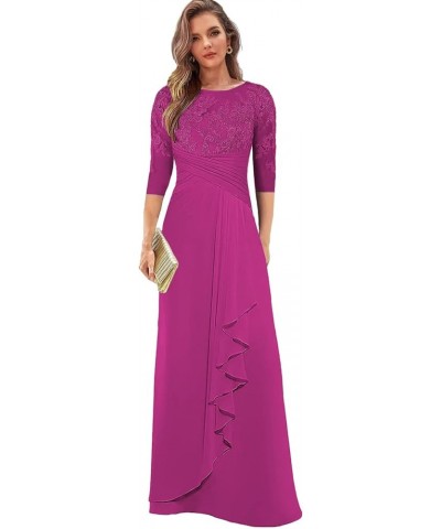 Lace Appliques Mother of The Bride Dresses for Wedding Chiffon Long Evening Formal Dress with Sleeves Hot Pink $37.50 Dresses