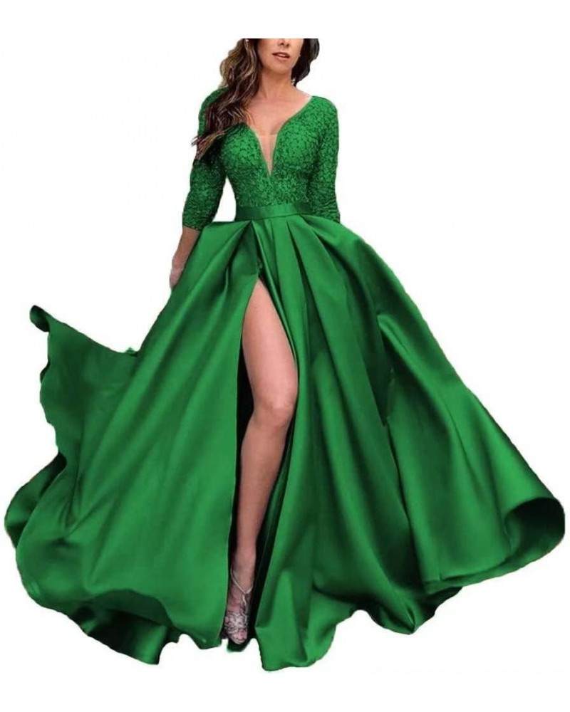 Prom Dresses with Slit Pocket V Neck Lace Long Ball Gown 3/4 Sleeves Satin Formal Party Gowns Green $36.75 Dresses