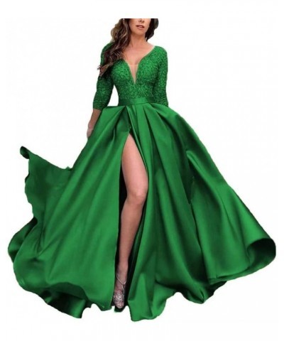 Prom Dresses with Slit Pocket V Neck Lace Long Ball Gown 3/4 Sleeves Satin Formal Party Gowns Green $36.75 Dresses