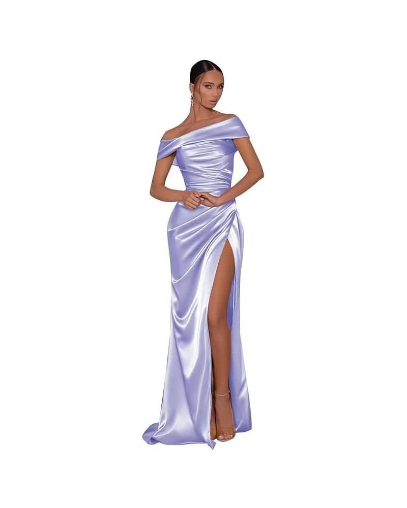 Womens Off Shoulder Formal Party Dress Evening Gown High Slit Prom Satin Wedding Guest Dress Lavender $29.14 Dresses