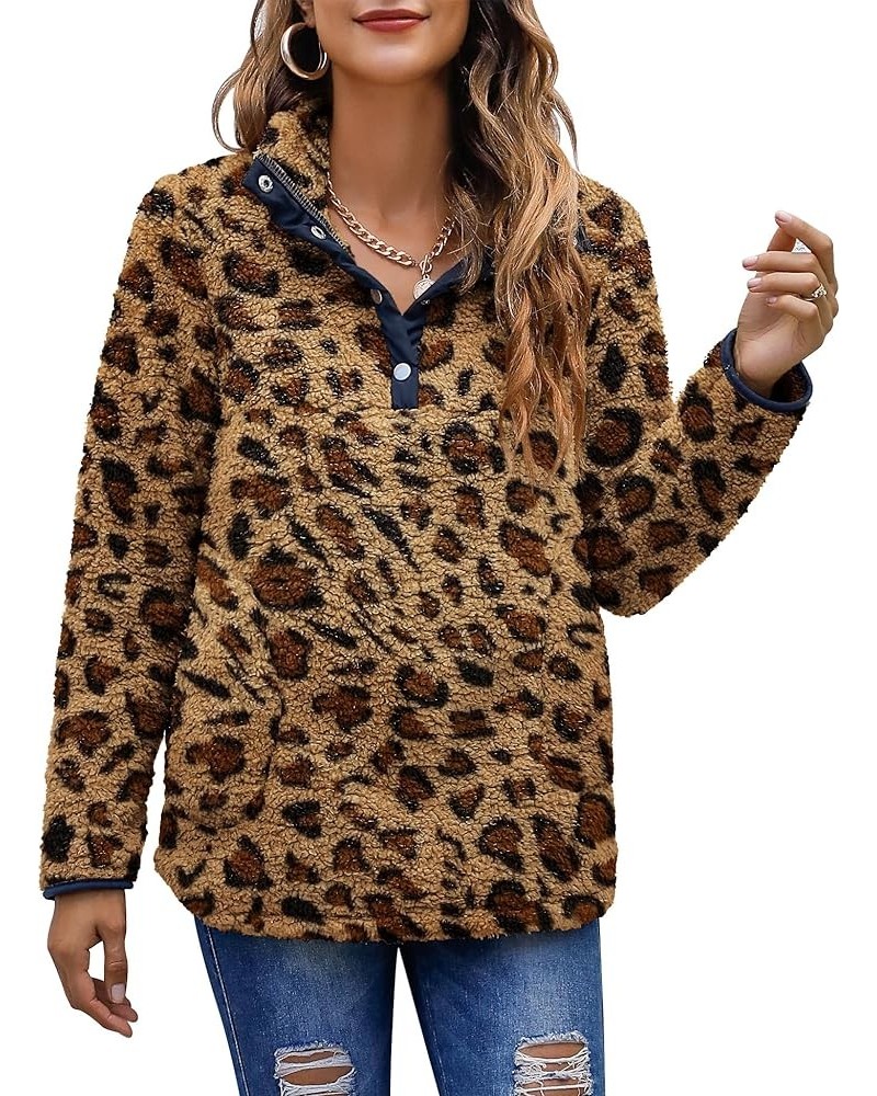 Women's Warm Sherpa Pullover Button Collar Fleece Sweatshirt Winter Long Sleeve Tops Coat with Pockets Leopard $20.90 Hoodies...