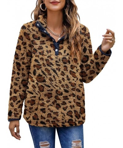 Women's Warm Sherpa Pullover Button Collar Fleece Sweatshirt Winter Long Sleeve Tops Coat with Pockets Leopard $20.90 Hoodies...