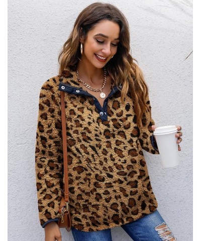 Women's Warm Sherpa Pullover Button Collar Fleece Sweatshirt Winter Long Sleeve Tops Coat with Pockets Leopard $20.90 Hoodies...