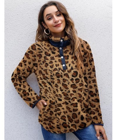 Women's Warm Sherpa Pullover Button Collar Fleece Sweatshirt Winter Long Sleeve Tops Coat with Pockets Leopard $20.90 Hoodies...