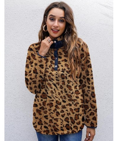 Women's Warm Sherpa Pullover Button Collar Fleece Sweatshirt Winter Long Sleeve Tops Coat with Pockets Leopard $20.90 Hoodies...