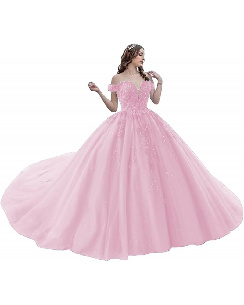 Sparkly Tulle Quinceanera Dresses Ball Gown Puffy Lace Sweet 16 Dresses Off Shoulder Prom Dress Y118 Pink $54.25 Dresses