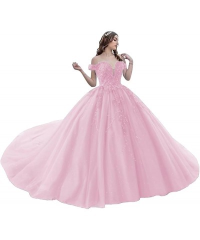 Sparkly Tulle Quinceanera Dresses Ball Gown Puffy Lace Sweet 16 Dresses Off Shoulder Prom Dress Y118 Pink $54.25 Dresses