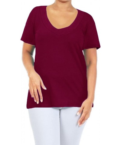 Junior Plus Size Basic Jersey Cotton Wide V-Neck Short Sleeve Casual TEE Shirt Top Burgundy $6.40 Tanks