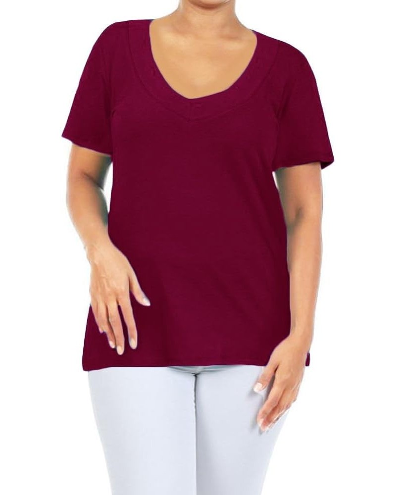 Junior Plus Size Basic Jersey Cotton Wide V-Neck Short Sleeve Casual TEE Shirt Top Burgundy $6.40 Tanks