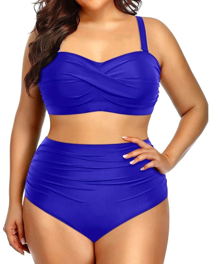 Women Plus Size Two Piece Swimsuits High Waisted Bathing Suits Bandeau Bikini Tummy Control Swimwear Royal Blue $22.41 Swimsuits