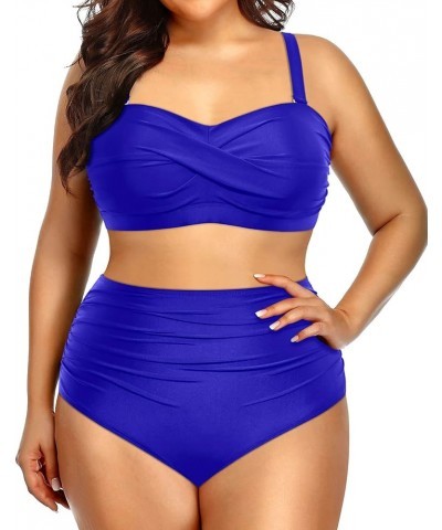 Women Plus Size Two Piece Swimsuits High Waisted Bathing Suits Bandeau Bikini Tummy Control Swimwear Royal Blue $22.41 Swimsuits