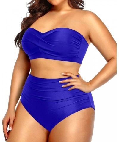 Women Plus Size Two Piece Swimsuits High Waisted Bathing Suits Bandeau Bikini Tummy Control Swimwear Royal Blue $22.41 Swimsuits