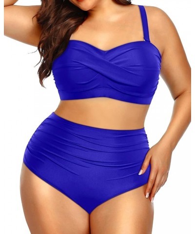 Women Plus Size Two Piece Swimsuits High Waisted Bathing Suits Bandeau Bikini Tummy Control Swimwear Royal Blue $22.41 Swimsuits