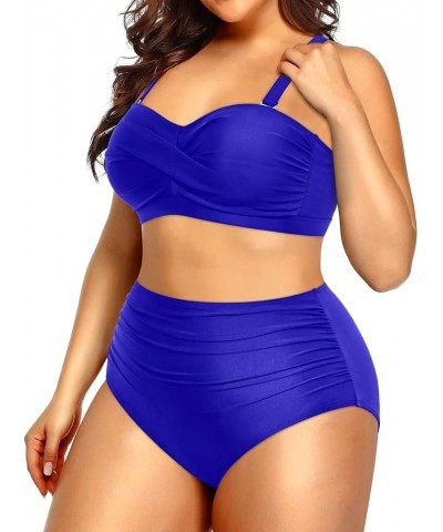 Women Plus Size Two Piece Swimsuits High Waisted Bathing Suits Bandeau Bikini Tummy Control Swimwear Royal Blue $22.41 Swimsuits