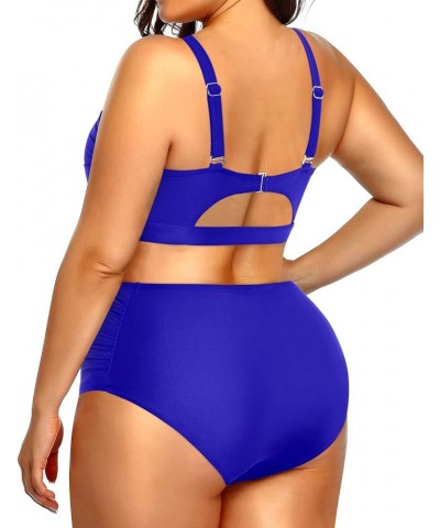 Women Plus Size Two Piece Swimsuits High Waisted Bathing Suits Bandeau Bikini Tummy Control Swimwear Royal Blue $22.41 Swimsuits