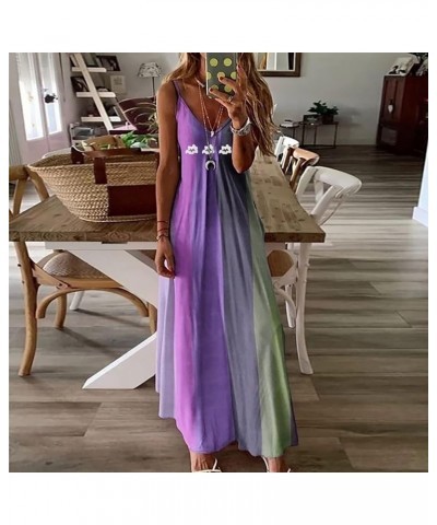 Maxi Dresses for Women,2024 Spring Summer Trendy Striped Print Beach Sundress,Casual V Neck Color Block Long Dress Z03-purple...