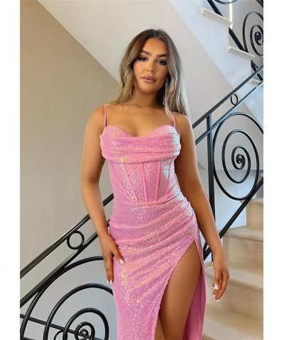 Women's Sparkly Sequin Prom Dresses Long with Slit Mermaid Ruched Corset Formal Evening Party Gown Teal $25.80 Dresses