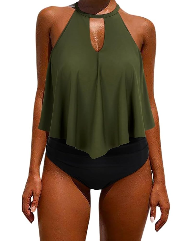 Women's Ruffle Bikini Swimsuit High Waisted Bottom Plus Size Swimwear Tankini 53-egreen Black $18.23 Swimsuits