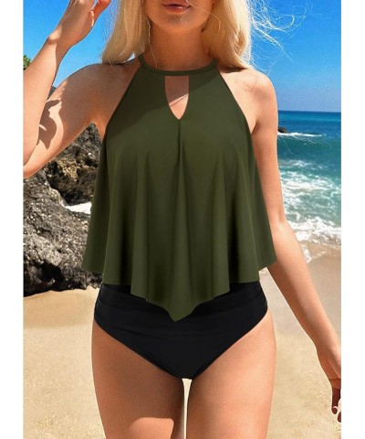 Women's Ruffle Bikini Swimsuit High Waisted Bottom Plus Size Swimwear Tankini 53-egreen Black $18.23 Swimsuits