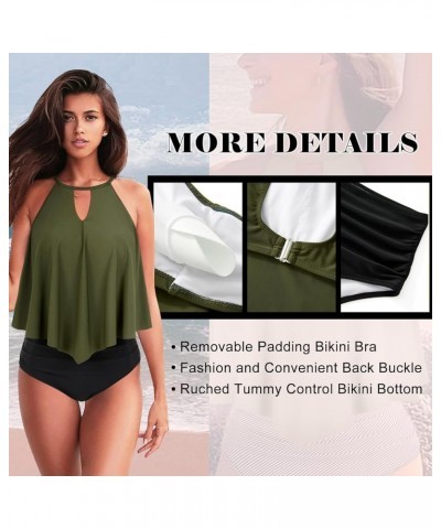 Women's Ruffle Bikini Swimsuit High Waisted Bottom Plus Size Swimwear Tankini 53-egreen Black $18.23 Swimsuits